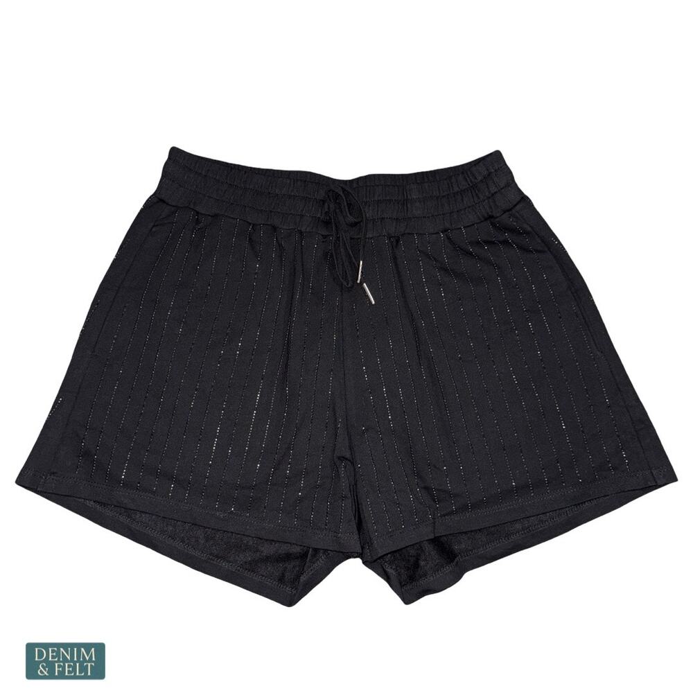 NEW Vocal Black Pinstripe Bling Shorts Drawstring Waist Soft Lounge Chic Small